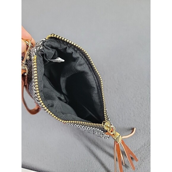 Funky Monkey Wristlet  Zippered Pouch Gray Herringbone Brown Tassel City Lined - Picture 8 of 10